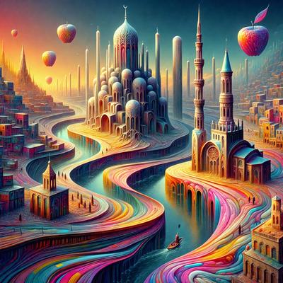 The primary subject of the image is a colorful, surreal landscape featuring a large, intricate building with a dome and a clock tower. The building is surrounded by a series of towers and domes, creating a visually striking scene. The setting appears to be a futuristic city, with a river flowing through it.

The visual style of the image is digital art, as it is a detailed and intricate illustration. The colors and mood of the scene are vibrant and lively, with